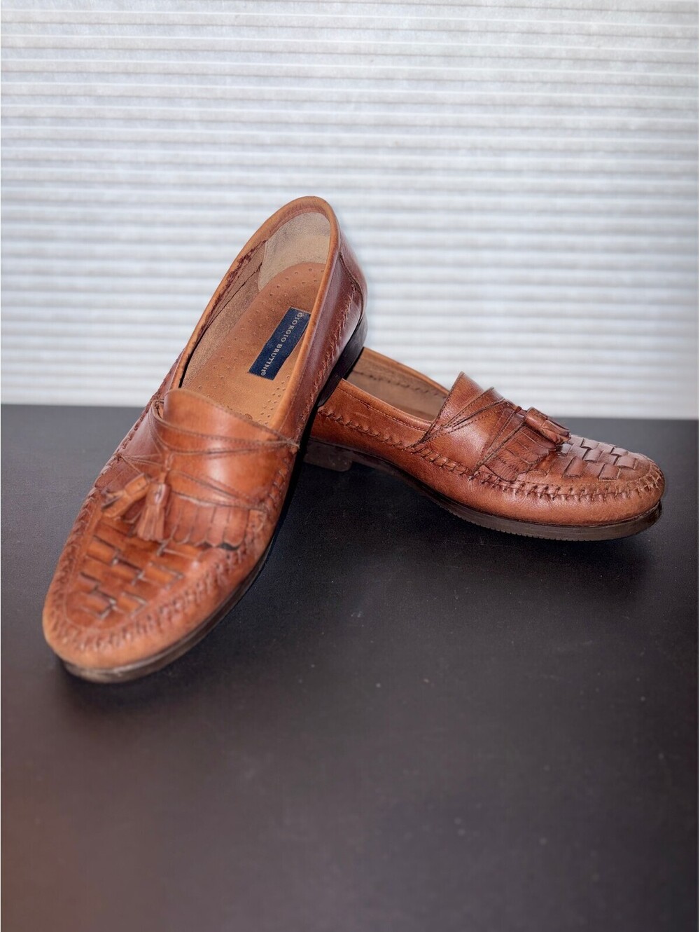 Vintage 90s Giorgio Brutini 13D Brown Woven Leather Kiltie Tassel Loafers 1286